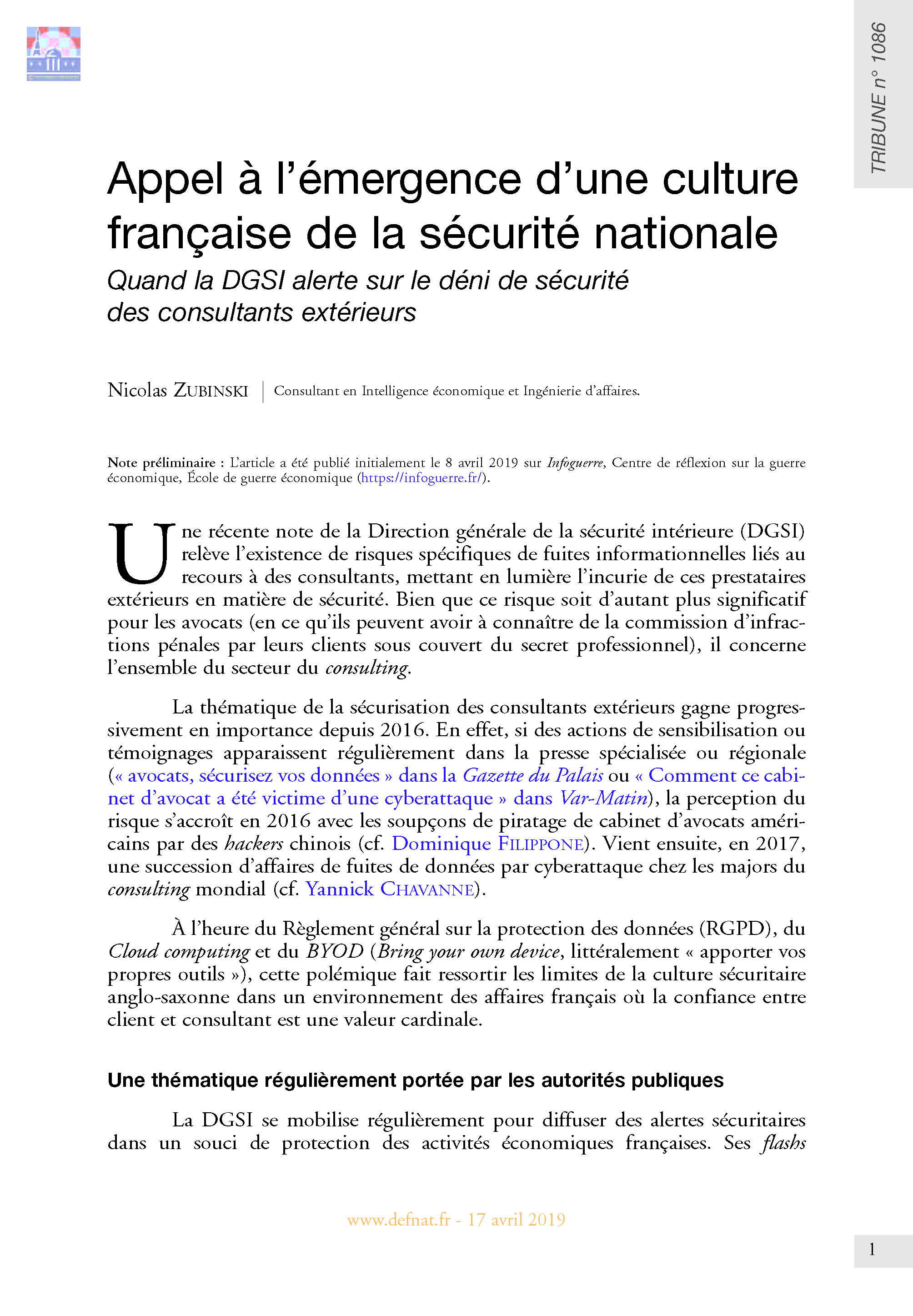 Appel à l’émergence d’une culture française de la sécurité nationale : quand la DGSI alerte sur le déni de sécurité des consultants extérieurs (T 1086)
